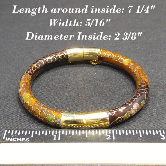 Vintage Hinged Floral Bangle Bracelet, Cloisonne Enamel, Gold Plate Safety Chain - Picture 10 of 10